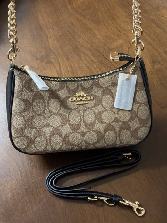 Coach Handbags - Coach Brown Signature Canvas Small Crossbody with Black Trim